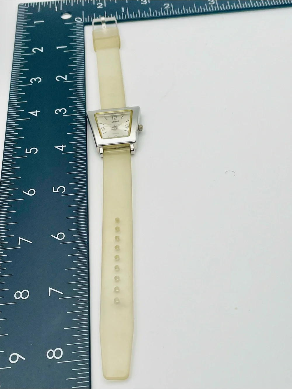 Etime Watch w/ Trapezoid Case with Clear Silicone Band. Silver Tone